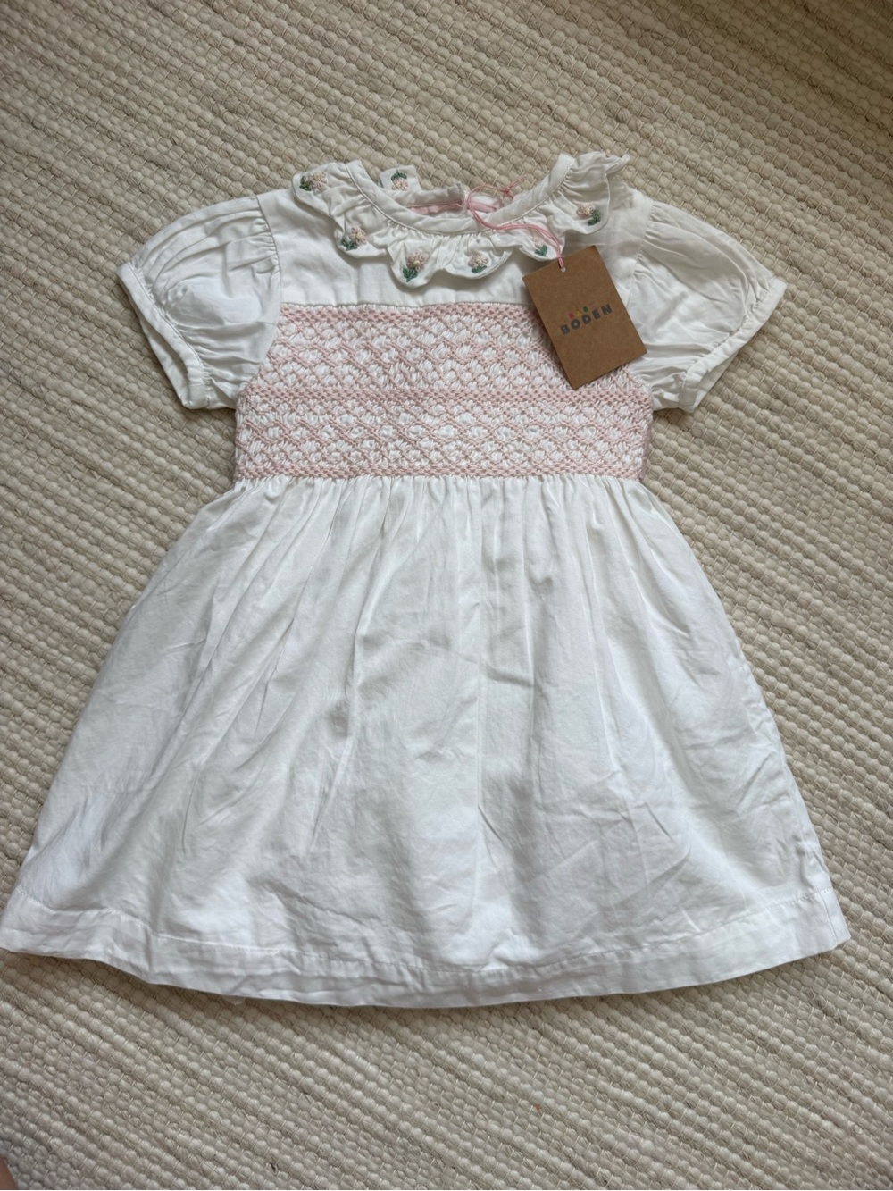 Boden White Dress with Pink Smocked Bodice and Ruffle Collar